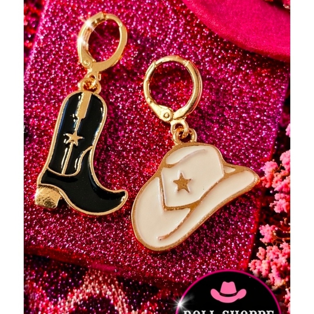 Western Cowgirl Charm Earring Set | Black Boot & White Hat Gold Tone Clip-Ons